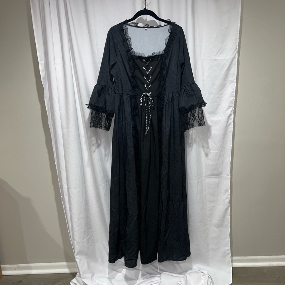 Black Gothic Chic Dress Maxi Long Lace Sleeve Witch Lace Up Front Square Neck XL